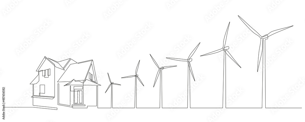Poster Wind farm turbines and windmill with family house in One continuous line drawing. Green energy and renewable source of power concept in simple linear style. Vector illustration