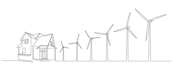 Wind farm turbines and windmill with family house in One continuous line drawing. Green energy and renewable source of power concept in simple linear style. Vector illustration