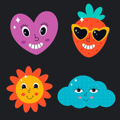 Cute characters in psychedelic style. Hippie, vintage, retro, 90s style. Vector illustration
