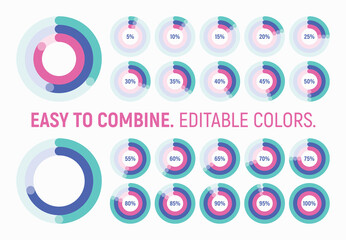 Set of editable trendy line style round infographic pie chart design elements with percentages. Easy to combine different graphs, edit stroke weight un change colors.