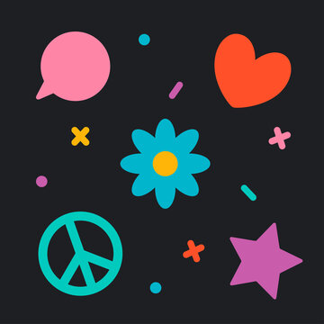 Cute elements in 90s style. Heart, flower, symbol of peace, star. Vector illustration