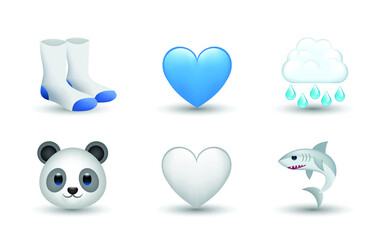 6 Emoticon isolated on White Background. Socks, cloud with raindrop, white and blue heart, shark, panda vector emoji illustration. 3d Illustration set. © Turkan Jabbarli