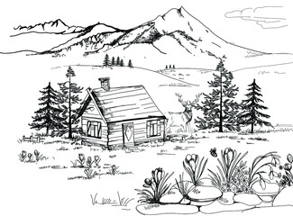 Spring landscape in the mountains in Zakopane in the Podhale region, spring in the mountains. A wooden hut, crocuses, saffron and snowdrops. Sketch, drawing, scribble, vector.