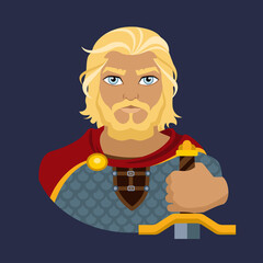 Bogatyr. Avatar of a bearded blond man in chain mail and a hand on the hilt of a sword. Historical military costumes. Flat illustration.