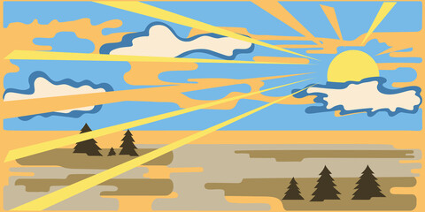 Background with spruce and clouds, Sun, Sky. National Park or Nature Reserve. Vector Illustration In Flat Style