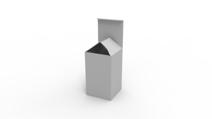 3D rendering of a design mockup template of a cardboard product packaging box. Empty box isolated