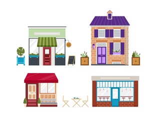 Set of buildings, cafes, residential building facade, storefront. Vector illustration in flat style.