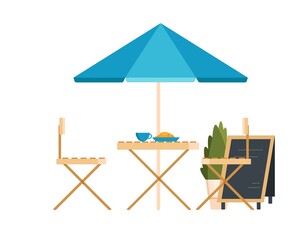 Outdoor table, chairs umbrella with board menu, coffee cup and croissant. Summer street cafe, terrace. Vector illustration in flat style.
