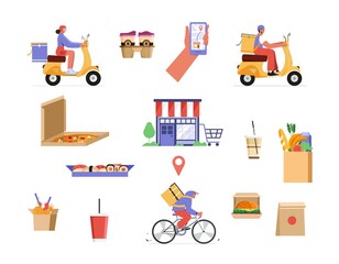 Set of elements and scenes for food delivery concepts. Take away food in containers, coffee cups, courier on scooter and bicycle, mobile app for online order. Vector illustration in flat style.