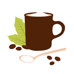 Small coffee mug vector stock illustration. A fragrant hot drink. Medium roasted coffee beans. Isolated on a white background.