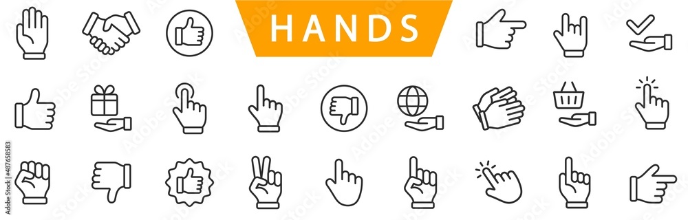 Poster hand line icons set isolated on white background vector. hands line icons