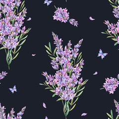 Watercolor lavender flowers natural seamless pattern in vintage style on black background. Lilac botanical texture