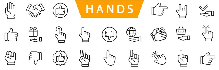 Hand line icons set isolated on white background vector. Hands line icons - obrazy, fototapety, plakaty