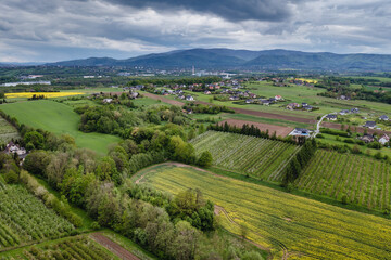 Drone photo of fields in Miedzyrzecze Gorne, small village in Silesia region in Poland