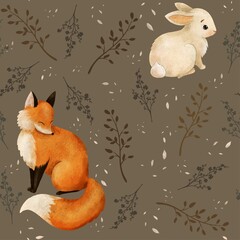 amazing stylish hand drawn seamless pattern. Forest orange colorful  fox and cute soft bunny with branches on brown background