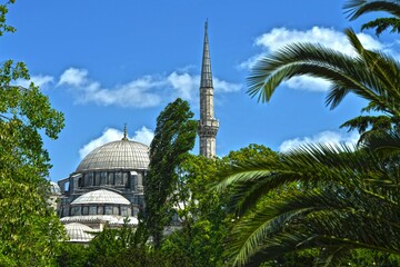 mosque rooftop minaret with blue sky, clouds and palm trees