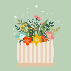 Happy Women March 8. Set cute postcard, a poster with a bouquet of flowers and stars. Spring composition, congratulations to mothers. Vector illustration on a delicate green background.
