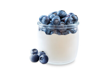 Greek yogurt with blueberries in a glass on a white isolated background
