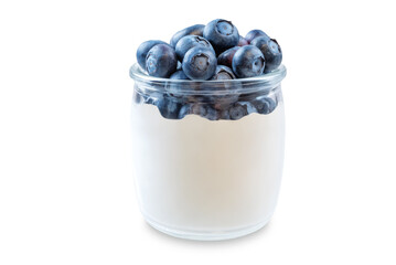 Greek yogurt with blueberries in a glass on a white isolated background