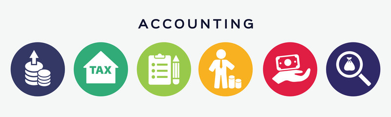 6 button circles set with accounting icon in various colors. Vector illustration.