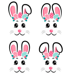 Vector design of collection of cartoon rabbit masks with gray and pink ears on white isolated background