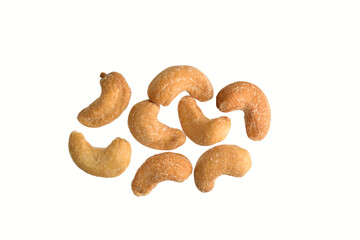 salted cashew nuts on white background with cut out