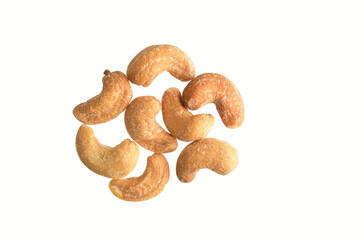 crunchy salted cashew nuts isolated on white background with clipping path