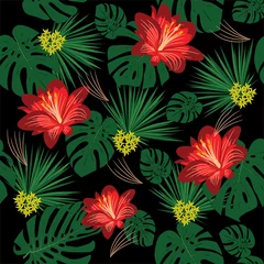 Poster Exotic floral fashion seamless pattern with red lilies, green monstera deliciosa and fern leaves on black background.  © Anarrich