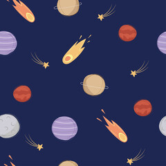 Cosmos seamless pattern with planets and comets. Cartoon flat style illustration for kids decor, stickers,nursery design, education. Vector elements on dark blue background.