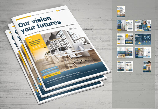 Business Brochure Template in White and Dark Blue with Yellow Accents