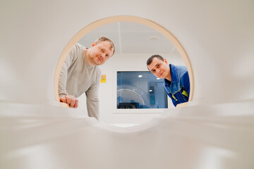 installer engineers of mri apparatus in scanner. 