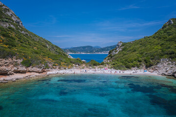 Porto Timoni double beach near Afionas village, Corfu Island in Greece