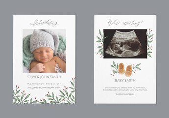 Baby Birth Announcement Cards Set with Watercolor Illustrations and Photo Placeholder