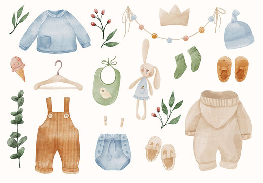Watercolor Baby Boy Clothes and Accessories Illustrations Art Set