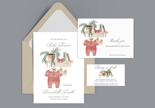 Baby Shower Cards Set with Watercolor Illustrations