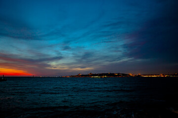 Istanbul silhouette. Cityscape of Istanbul at sunset with dramatic clouds