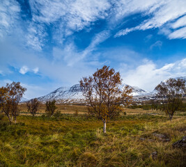 Beautiful mountain view during auto trip in North Iceland. Spectacular Icelandic landscape with  scenic nature: mountains, fields, clouds, glaciers, rocks, groves.