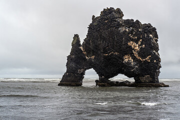 The drinking elephant or rhinoceros, basalt stack Hvitserkur along the eastern shore of Vatnsnes...