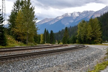 railway tracks curve around a bend in Field, British Columbia