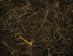 Unique gold key on pile of vintage skeleton keys. Concept for individual or uniqueness, unlocking...