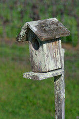 A small weathered wooden birdhouse with peeling paint and lichens growing on it