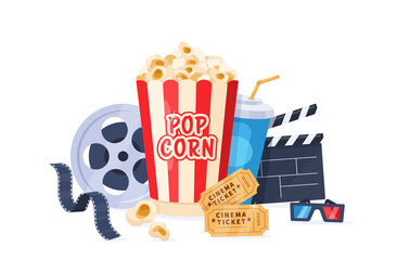 Cinema elements. Vector movie background with popcorn icon, drink, clapperboard, 3d glasses, film-strip, tickets. Cartoon Illustration for film industry, cinematography, movie night festival