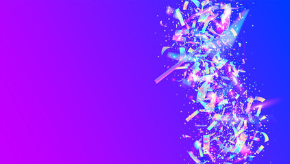 Fototapeta na wymiar Holographic Glare. Metal Vaporwave Backdrop. Glamour Art. Modern Foil. Disco Prism. Violet Shiny Effect. Bokeh Confetti. Neon Texture. Blue Holographic Glare