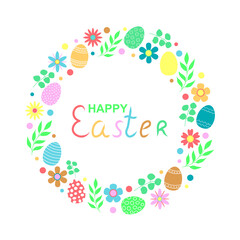 Easter wreath with Easter eggs, flowers and leaves on white background. Decorative frame for your greeting cards, banners, flyers