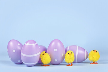 Violet Easter eggs and small decoration chickens on blue background
