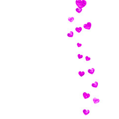 Valentines day heart with pink glitter sparkles. February 14th day. Vector confetti for valentines day heart template. Grunge hand drawn texture. Love theme for gift coupons, vouchers, ads, events.