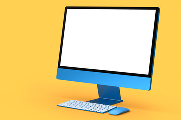 Blue computer screen display with keyboard and mouse isolated on orange