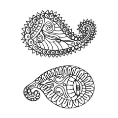 Hand drawn paisley pattern elements isolated on white background. Mehndi drawing. Sketch paisley pattern. Doodle style. Oriental motif. Black and white.