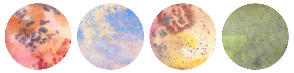 Set of watercolor planets isolated on white background. Collected colorful backgrounds in a circle.