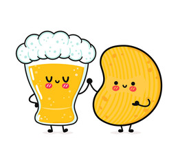 Cute, funny happy glass of beer and chips. Vector hand drawn cartoon kawaii characters, illustration icon. Funny cartoon glass of beer and chips mascot character concept